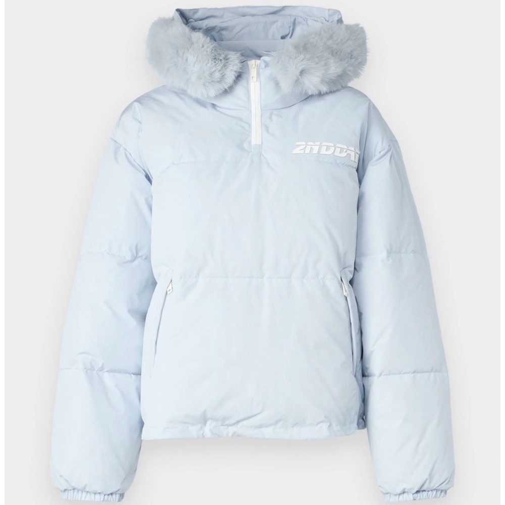 Ski women’s Light Blue winter Puffer Jacket fur trimmed hood half zip padded
